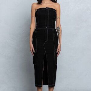 NWT No Vacancy Black Strapless Shelly Denim Midi Dress Fitted Medium